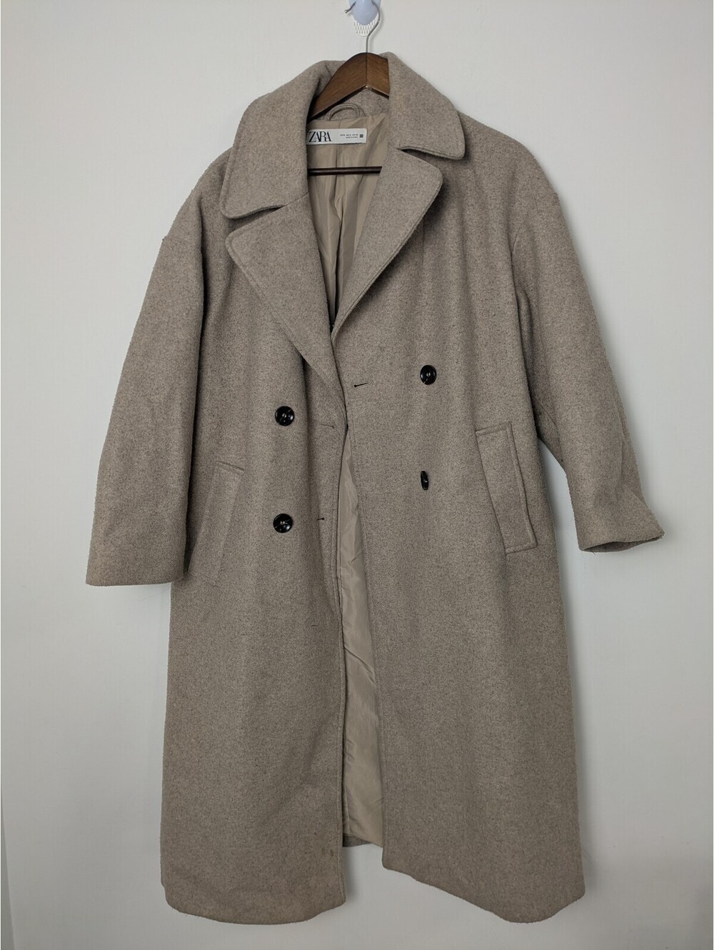 Zara Women Double Breasted Oversized Long Coat Beige Tan Small Warm Overcoat